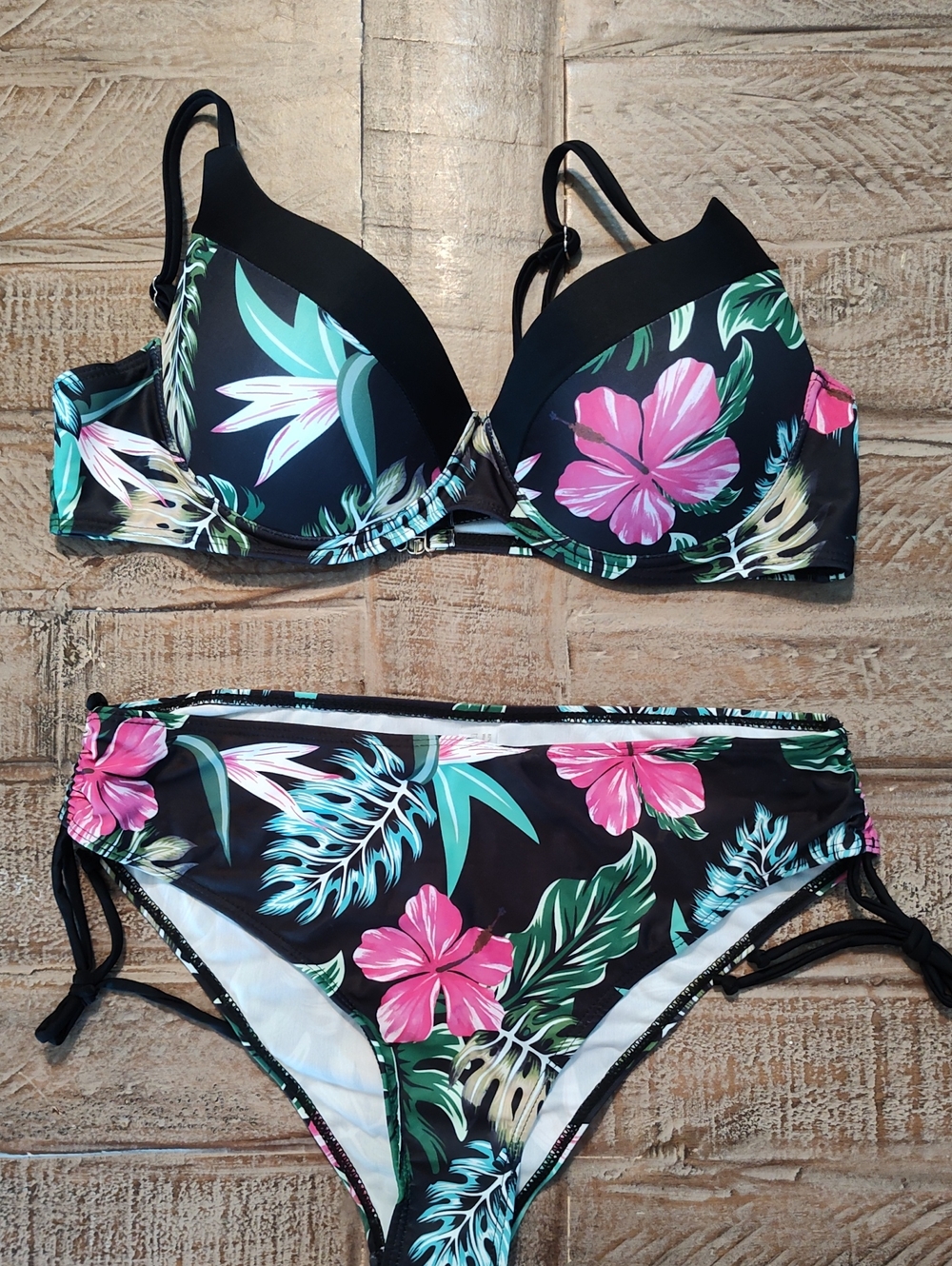 Women's Black Tropical Floral Bikini - Pink & Green Size XL